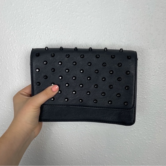 Gianni Binni black studded crossbody/ clutch purse with polka dot interior - Picture 2 of 13